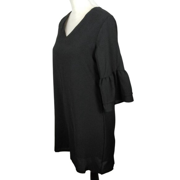 Womens Black Bell Sleeve Shift Small Mini Dress V-Neckline Party Cocktail Sexy - Picture 6 of 10